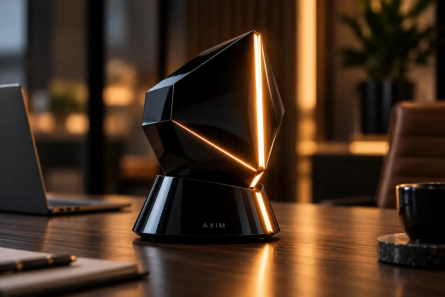Zařízení AXIM na stole v zasedací místnosti, svítí jantarově.